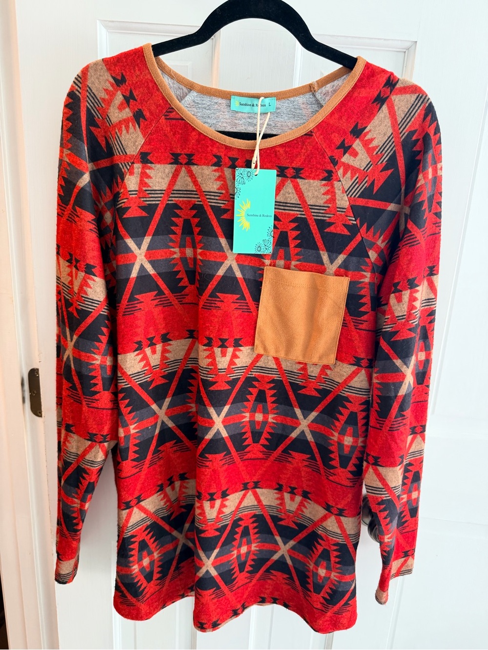 Red Aztec-Print Pullover Top with Tan Chest Pocket NWT